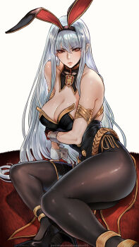 1girl animal_ears arm_under_breasts armband breasts detached_collar eyebrows_hidden_by_hair fake_animal_ears high_heels highleg highleg_leotard highres holding_own_arm large_breasts leotard long_hair looking_at_viewer magion02 pantyhose playboy_bunny rabbit_ears red_eyes selvaria_bles senjou_no_valkyria senjou_no_valkyria_(series) senjou_no_valkyria_1 simple_background solo very_long_hair white_background white_hair wrist_cuffs