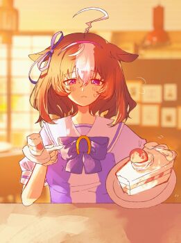 1girl ahoge animal_ears blush bow bowtie brown_hair cake cake_slice closed_mouth commentary double-parted_bangs ear_ribbon food fruit hair_between_eyes hairband highres holding holding_plate holding_spoon horse_ears horse_girl john_uma looking_at_viewer meisho_doto_(umamusume) multicolored_hair pink_hairband plate puffy_short_sleeves puffy_sleeves purple_bow purple_bowtie purple_eyes purple_shirt sailor_collar sailor_shirt school_uniform shirt short_hair short_sleeves spoon strawberry sweatdrop tracen_school_uniform two-tone_hair umamusume white_sailor_collar