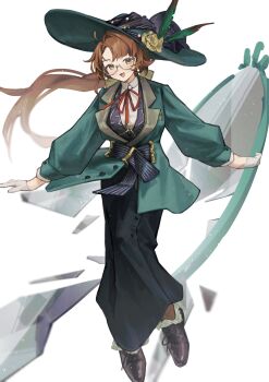 1girl :d absurdres black_skirt bow broken_mirror brown_footwear brown_hair collared_shirt eyewear_strap feathers floating_hair flower full_body glasses gloves green_eyes green_feathers green_hat green_jacket hair_bow hat hat_feather hat_flower highres jacket kakania_(reverse:1999) long_hair long_skirt long_sleeves looking_at_viewer low_ponytail mirror nats_(d0ughnats) neck_ribbon open_mouth orange_socks pencil_skirt ponytail puffy_long_sleeves puffy_sleeves red_ribbon reverse:1999 ribbon round_eyewear semi-rimless_eyewear shards shirt skirt smile socks solo sun_hat under-rim_eyewear very_long_hair white_background white_gloves white_shirt yellow_bow yellow_flower