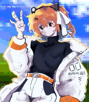Rule 34 | 1girl, adachi rei, belt, black shirt, bliss (image), headlamp, highres, jacket, long sleeves, looking at viewer, medium hair, non-web source, one side up, open clothes, open jacket, orange belt, orange eyes, orange hair, radio antenna, ribbon, shirt, shorts, solo, utau, white ribbon, white shorts