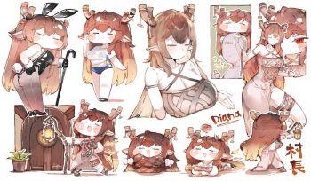 1girl animal_ears antlers ass bare_shoulders blue_buruma blush breasts brown_hair buruma cane chibi chibi_inset cleavage closed_eyes commentary_request criss-cross_halter deer_antlers deer_ears deer_girl diana_(trickcal) dress fake_animal_ears fake_tail food gradient_hair grey_dress grey_pantyhose halterneck highres holding holding_cane horns kotatu_(akaki01aoki00) lantern large_breasts long_hair meat multicolored_hair multiple_views open_mouth pantyhose playboy_bunny rabbit_ears rabbit_tail red_eyes see-through_clothes see-through_shirt shirt simple_background smile squiggle standing sweat tail thighband_pantyhose trickcal viewer_self-insert white_shirt