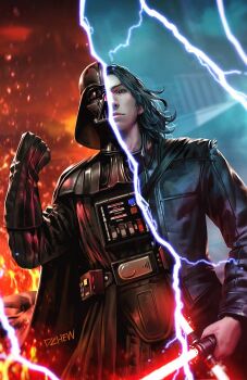 2boys black_gloves black_hair black_helmet crossguard_lightsaber darth_vader dcwj energy_sword fire gloves helmet highres holding holding_sword holding_weapon kylo_ren lightning lightsaber looking_at_viewer multiple_boys red_lightsaber signature split_screen star_wars sword weapon