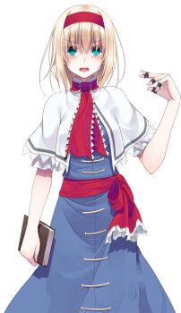 Rule 34 | 1girl, alice margatroid, aqua eyes, arm at side, blonde hair, blue dress, blush, book, capelet, commentary request, cowboy shot, crote, dress, fingernails, hairband, hand up, highres, holding, holding book, jewelry, large variant set, looking at viewer, multiple rings, neckerchief, open mouth, red hairband, red neckerchief, red sash, ring, sash, short hair, solo, standing, tachi-e, teeth, touhou, transparent background, upper teeth only, v-shaped eyebrows, variant set, white capelet, wide-eyed