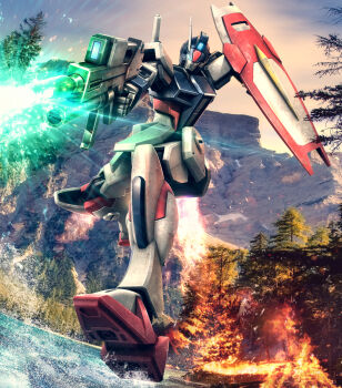 beam_rifle blue_visor energy_gun fire firing gun gundam gundam_seed highres hiropon_(tasogare_no_puu) holding holding_gun holding_shield holding_weapon humanoid_robot mecha mobile_suit no_humans outdoors radio_antenna robot science_fiction shield solo splashing strike_dagger tree weapon weapon_on_back