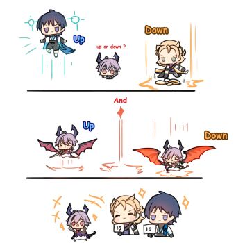 >_< 3boys albedo_(genshin_impact) aqua_eyes arm_at_side arms_at_sides arms_up black_bodysuit black_bridal_gauntlets black_gloves black_horns black_pants black_shoes black_shorts black_sleeves black_tail blonde_hair blue_halo blunt_ends blush_stickers bodysuit bridal_gauntlets closed_eyes closed_mouth coat dragon_boy dragon_horns dragon_tail dragon_wings durin_(genshin_impact) english_text facing_another facing_viewer falling floating flower furisode genshin_impact gloves halo halo_behind_head hand_on_ground highres holding holding_sword holding_weapon horns japanese_clothes jitome kimono levitation looking_at_another looking_at_viewer looking_down motion_lines multiple_boys multiple_halos notice_lines open_clothes open_coat outstretched_arms pants pink_eyes planted planted_sword planted_weapon pun-rii purple_eyes purple_hair purple_horns purple_vest raised_eyebrows red_wings scaramouche_(genshin_impact) scorecard sequential shoes shorts smile socks solid_circle_eyes spread_arms superhero_landing sword tail two-sided_horns v-shaped_eyebrows vest wanderer_(genshin_impact) weapon white_background white_coat white_kimono white_sleeves white_socks wings yellow_eyes