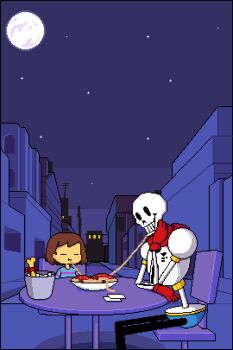 androgynous animated animated_gif bone bucket building capelet christian_john_sanchez eating food frisk_(undertale) full_moon gender_request gloves lady_and_the_tramp moon papyrus_(undertale) parody pasta pixel_art plate red_gloves sitting skeleton spaghetti sparkle star_(sky) table undertale utdr_(toby_fox)