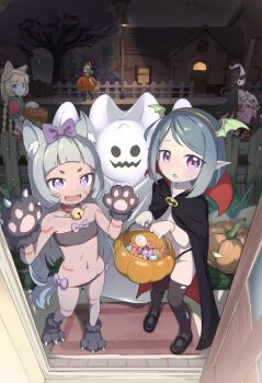 6+girls animal_hands arched_bangs bare_shoulders bell bikini black_bikini black_cloak black_footwear black_thighhighs bow bow_bikini bucket character_request chinese_commentary cloak collar commentary_request crop_top doorway fangs female_focus flat_chest full_body gloves grey_hair hair_bow hairband halloween halloween_bucket highres holding holding_bucket jingle_bell keven_(ewdx3754) loli long_hair looking_at_viewer multiple_girls navel neck_bell open_mouth outdoors parted_lips paw_gloves paw_shoes pointy_ears pov_doorway purple_bow purple_eyes red_collar shoes short_hair skin_fangs standing strapless swept_bangs swimsuit thighhighs torn_clothes torn_thighhighs tower_of_saviors trick_or_treat tube_top yellow_hairband