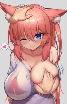 1girl ;) animal_ear_fluff animal_ears arms_behind_back bare_shoulders blue_eyes breasts clothes_pull collarbone deep_skin disembodied_hand eyes_visible_through_hair facing_viewer gesture grabbing_another's_breast grey_background groping hair_between_eyes headpat heart highres kaptivate lactation large_breasts long_hair looking_at_viewer multicolored_eyes nekomia_(kaptivate) off-shoulder_shirt off_shoulder one_eye_closed orange_hair original purple_eyes red_hair see-through_clothes see-through_shirt shirt shirt_pull sidelocks simple_background smile speech_bubble spoken_heart t-shirt taut_clothes taut_shirt tight_clothes upper_body very_long_hair wet wet_clothes wet_shirt white_shirt
