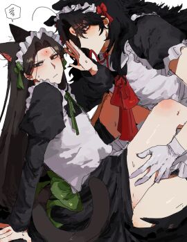 2boys :| ahoge alternate_costume anger_vein animal_ears apron back_bow bindi black_choker black_dress black_hair blush bow bowtie cat_boy cat_ears cat_tail choker closed_mouth commentary_request crossdressing crossdressing_(mtf) curtained_hair dog_boy dog_ears dog_tail dress embarrassed feet_out_of_frame forehead_blush frilled_sleeves frills furrowed_brow gloves green_bow green_eyes green_ribbon hair_down half-closed_eyes hand_on_another's_thigh highres juliet_sleeves kneeling knees_up korean_commentary leaning_back leaning_forward long_hair long_sleeves looking_at_another luo_binghe maid maid_apron maid_headdress male_maid mdzs_ry mouth_hold multiple_boys neck_ribbon parted_bangs puffy_short_sleeves puffy_sleeves red_bow red_bowtie red_eyes red_ribbon rejected_kiss renzha_fanpai_zijiu_xitong ribbon ribbon_in_mouth shen_qingqiu short_sleeves sweatdrop tail thighs v-shaped_eyebrows very_long_hair white_apron white_gloves wolf_cut yaoi zuiyin