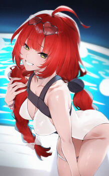 1girl ahoge ass bent_over braid breasts chest_harness choker cleavage ei_(eiei_e1) eyewear_on_head grin hair_intakes hair_ornament harness heart heart-shaped_eyewear highres holding holding_own_hair large_breasts light_blush looking_at_viewer one-piece_swimsuit paid_reward_available pool red_hair skindentation smile sphere_hair_ornament swimsuit thigh_strap twin_braids ukinami_yuzuha white_one-piece_swimsuit yellow_eyes zenless_zone_zero