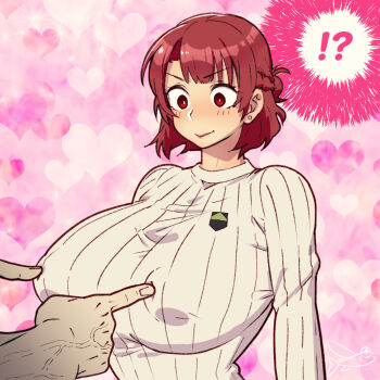 !? 1boy 1girl ago_dashi7532 blue_lock blush breasts brown_hair huge_breasts looking_at_viewer medium_hair nipple_stimulation speech_bubble surprised teieri_anri