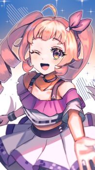 1girl :d ahoge aozora_himari bare_shoulders black_choker bow choker commentary cropped_shirt drill_hair english_commentary hair_bow himitsu_no_aipri idol idol_clothes light_blush long_hair midriff off-shoulder_shirt off_shoulder one_eye_closed open_mouth pink_bow pink_eyes pink_hair pleated_skirt pretty_series reaching reaching_towards_viewer roly shirt short_sleeves skirt smile solo sparkle teeth upper_teeth_only white_skirt