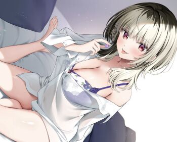 1girl :p barefoot black_hair blush bra breasts cleavage closed_mouth collared_shirt commentary_request dress_shirt eating highres large_breasts lingerie long_sleeves looking_at_viewer multicolored_hair open_clothes open_shirt original oryo_(oryo04) panties purple_bra red_eyes shirt sidelocks sitting solo thighs toes tongue tongue_out two-tone_hair underwear white_hair white_shirt