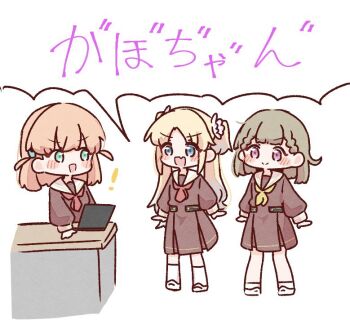 ! 3girls :d blonde_hair braid brown_dress brown_hair center-flap_bangs commentary_request computer desk dress fang flower green_eyes hair_flower hair_ornament hasu_no_sora_school_uniform hinoshita_kaho kachimachi_kosuzu laptop link!_like!_love_live! long_sleeves love_live! medium_dress medium_hair momiji_(moj_0404) multiple_girls neckerchief open_mouth orange_hair osawa_rurino parted_bangs pink_flower pleated_dress rabbit_hair_ornament red_neckerchief sailor_collar sailor_dress school_uniform shoes shouting side_ahoge side_braids simple_background skin_fang smile socks speech_bubble standing too_many_dakuten twintails two_side_up virtual_youtuber white_background white_sailor_collar white_shoes white_socks winter_uniform yellow_neckerchief