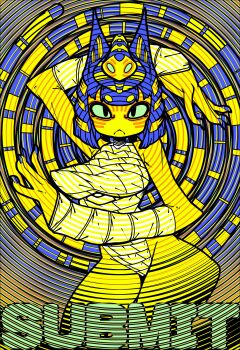 :&lt; absurdres ankha_(animal_crossing) arm_behind_head colored_skin cowboy_shot english_text green_eyes highres looking_at_viewer no_nose open_hands slugbox yellow_skin