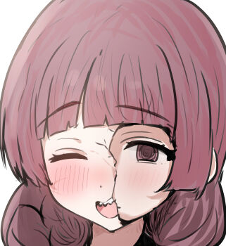 1girl absurdres blush bocchi_the_rock! broken_mask close-up commentary_request crack cracked_kawaii_mask cracked_mask cracked_skin crying crying_with_eyes_open dot_nose dual_persona empty_eyes fang highres hiroi_kikuri mask mismatched_eyes one_eye_closed open_mouth purple_hair revealing_layer shaded_face sharp_teeth split_theme sunya_(honorin-yuunibo) tears teeth