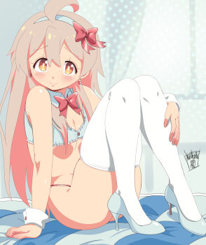 Rule 34 | 1girl, aqua bra, aqua shoes, blush, bow, bowtie, bra, breasts, brown eyes, brown hair, closed mouth, collar, commentary, danmakuman, earrings, from side, full body, hair between eyes, hair ribbon, highres, jewelry, knees up, long hair, looking at viewer, on bed, onii-chan wa oshimai!, oyama mahiro, red bow, red bowtie, red ribbon, ribbon, shoes, signature, sitting, small breasts, smile, solo, thighhighs, underwear, white collar, white thighhighs, white wrist cuffs, wrist cuffs