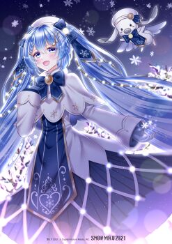 1girl :d absurdres beret blue_eyes blue_gloves blue_hair blue_tabard blurry blush bokeh braid capelet character_name christmas_lights commentary_request copyright_notice depth_of_field dress fortissimo gloves gold_trim hair_between_eyes hair_ornament hat hatsune_miku highres musical_note musical_note_hair_ornament open_mouth rabbit_yukine smile snowflakes solo tabard tateko25wiz twintails vocaloid white_capelet white_dress white_hat yuki_miku yuki_miku_(2021)