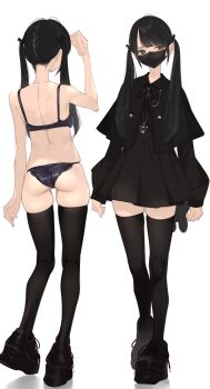 1girl ama_mitsuki ass back black_bra black_dress black_hair black_jacket black_mask black_panties black_shoes black_thighhighs bra commentary_request dress from_behind full_body highres jacket long_hair mask mouth_mask multiple_views original panties shoes simple_background standing surgical_mask thighhighs twintails underwear white_background