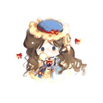 Rule 34 | 1girl, blue choker, blue dress, blue eyes, blue hat, bow, brown hair, chibi, chinese commentary, choker, commentary request, dream banquet (infinity nikki), dress, fengmi youzi hua, frilled dress, frilled headwear, frilled sleeves, frills, hand on own cheek, hand on own face, hat, hat bow, highres, infinity nikki, layered dress, layered sleeves, light blush, light particles, long dress, long hair, long sidelocks, long sleeves, nikki (series), official alternate color, red bow, short over long sleeves, short sleeves, sidelocks, solid oval eyes, solo, very long hair, wavy hair, yellow dress