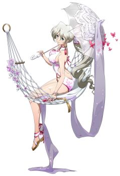 1girl animal_print aqua_eyes ass back backless_swimsuit bare_shoulders bracelet breasts bug butterfly butterfly_hair_ornament butterfly_print chinese_clothes earrings floral_print flower flower_bracelet folding_fan foot_dangle from_side full_body game_cg gold_bracelet grey_hair hair_between_eyes hair_ornament hammock hand_fan high_ponytail highleg highleg_one-piece_swimsuit highres holding holding_fan holding_umbrella insect jewelry langrisser langrisser_iii langrisser_mobile large_breasts legs liffany_(langrisser) long_hair looking_at_viewer mole mole_under_eye official_alternate_costume official_art on_hammock one-piece_swimsuit parted_lips ponytail purple_butterfly purple_flower purple_shawl red_butterfly sandals second-party_source shawl shiny_skin sideboob simple_background sitting smile solo swimsuit tachi-e tassel tassel_earrings transparent transparent_background transparent_umbrella umbrella umbrella_over_shoulder very_long_hair wet white_flower white_one-piece_swimsuit white_sandals white_umbrella