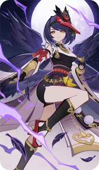 1girl bad_source bird_mask black_gloves black_wings blue_hair closed_mouth feathered_wings full_body genshin_impact gloves japanese_clothes kujou_sara looking_at_viewer mask mask_on_head obi official_art outdoors red_mask sash short_hair socks solo standing standing_on_one_leg tabi tassel white_socks wings yellow_eyes