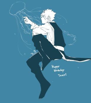 Rule 34 | animal print, blue background, bnkr kc, commentary request, english text, full body, happy birthday, highres, jellyfish, kagurabachi, profile, sazanami tenri, short hair, sidelocks, solo, white hair