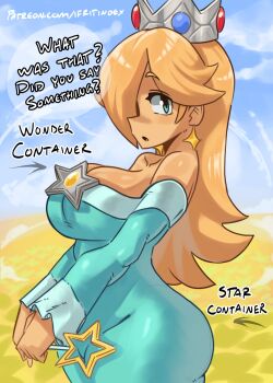 ass blonde_hair breasts cleavage cloud cloudy_sky commentary crown curvy dress earrings english_commentary english_text evil_container_(meme) hair_over_one_eye highres huge_ass jewelry large_breasts looking_at_viewer mario_(series) mature_female meme moxydraws nintendo rosalina sky speech_bubble super_mario_galaxy super_smash_bros. tight_clothes tight_dress wand