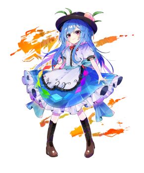 1girl absurdres apron black_hat blue_hair blue_skirt blush boots bow bowtie brown_boots closed_mouth commentary food fruit fruit_hat_ornament hat hat_ornament highres hinanawi_tenshi lace-up_boots leaf leaf_hat_ornament long_hair looking_at_viewer peach peach_hat_ornament pink_eyes puffy_short_sleeves puffy_sleeves rainbow_order red_bow red_bowtie shirt short_sleeves sia_6767 skirt smile solo touhou very_long_hair waist_apron white_apron white_shirt