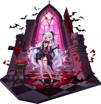 Rule 34 | 1girl, alcohol, asymmetrical gloves, banner, bat (animal), bat wings, black dress, black gloves, black shirt, block heels, bottle, bow, breasts, checkered floor, church, clothing cutout, copyright name, cowlick, crescent, criss-cross halter, cross, cross necklace, cup, demon girl, diamond (shape), diamond cutout, dress, dress flower, drinking glass, elbow gloves, flower, footwear bow, full body, game cg, gloves, halterneck, hand on own face, highres, holding, holding cup, indoors, jewelry, latin cross, lilith (crimson moonlight) (poker fate), lilith (poker fate), long hair, looking at viewer, multicolored hair, necklace, non-web source, o-ring, o-ring thigh strap, official alternate costume, official art, petals, poker fate, red eyes, red flower, red hair, red rose, red streaks, red wine, rose, rose petals, shebaotower, shirt, side ponytail, single elbow glove, small breasts, solo, sparkle, statue, streaked hair, thigh strap, two-tone dress, uneven gloves, very long hair, white hair, wine, wine bottle, wine glass, wings