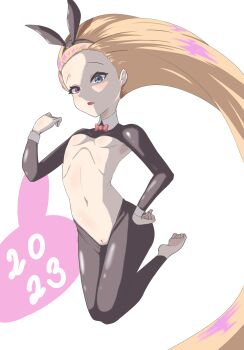 1girl alternate_costume animal_ears arched_back barefoot black_shrug black_thighhighs blue_eyes breasts cleft_of_venus dot_nose expressionless eyelashes fake_animal_ears feet_up female_focus floating full_body hand_on_own_hip hand_up heterochromia highres league_of_legends loli long_hair long_sleeves looking_at_viewer moom_yk multicolored_hair navel open_mouth orange_hair pink_hair playboy_bunny purple_eyes pussy rabbit_ears reverse_bunnysuit reverse_outfit shrug_(clothing) simple_background small_breasts solo thighhighs two-tone_hair uncensored very_long_hair white_background zoe_(league_of_legends)