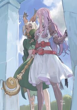 2girls animal_ears armor belt_pouch blue_sky breasts brown_thighhighs cape cloud dark-skinned_female dark_skin dress final_fantasy final_fantasy_tactics_advance green_cape holding holding_staff holding_weapon long_hair looking_at_another medium_breasts multiple_girls nakade1 pink_dress pouch purple_hair ritz_malheur shara signature sky smile staff thighhighs viera weapon white_hair