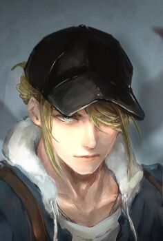 1boy baseball_cap black_hat blue_eyes blue_jacket closed_mouth collarbone crew_neck drawstring hair_bun hair_over_one_eye hat highres hood hood_down hooded_jacket jacket looking_at_viewer male_focus metro-oxo nintendo one_eye_covered pokemon pokemon_legends:_arceus portrait shirt single_hair_bun solo volo_(pokemon) white_hood white_shirt
