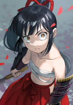 1girl angry armor bandaged_chest bare_shoulders black_eyes blurry bow bracer breasts brown_eyes bushidou_(sekaiju) bushidou_2_(sekaiju) closed_mouth clothing_cutout collarbone constricted_pupils depth_of_field etrian_odyssey from_above grey_background hair_bow hakama hakama_pants high_ponytail highres hip_vent holding holding_sword holding_weapon japanese_clothes light_frown long_hair looking_at_viewer looking_up loose_bandages midriff mya-zawa navel no_shirt pants ponytail red_bow red_pants red_rope revision rope sarashi sekaiju_no_meikyuu sekaiju_no_meikyuu_1 serious shards sidelocks small_breasts solo sword v-shaped_eyebrows very_long_hair weapon wide-eyed