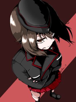 Rule 34 | 1girl, arms under breasts, black hat, breasts, brown eyes, brown hair, cross, crossed arms, dress shirt, garrison cap, girls und panzer, hat, hidaka 202, iron cross, kuromorimine military uniform, large breasts, looking at viewer, military, military hat, military uniform, miniskirt, nishizumi maho, pixiv username, pleated skirt, red background, red shirt, red skirt, shirt, short hair, skirt, solo, two-tone background