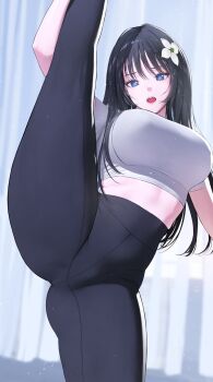 1girl black_hair black_pants blue_eyes breasts character_request commentary_request eyelashes flower hair_flower hair_ornament highres hyulla leg_up long_hair midriff miresi:_invisible_future open_mouth pants second-party_source shirt solo stretching white_flower white_shirt yoga_pants
