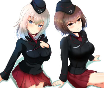 Rule 34 | 2girls, blue eyes, blush, breasts, brown eyes, brown hair, closed mouth, girls und panzer, gratin (kumaisao), highres, itsumi erika, kuromorimine military uniform, large breasts, long hair, looking at viewer, military uniform, multiple girls, nishizumi maho, short hair, simple background, smile, white background, white hair