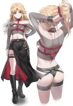 1girl arms_behind_head arms_up ass back bdsm black_shorts blonde_hair bondage_cuffs boots breasts butt_crack collar collarbone fate/apocrypha fate_(series) from_behind green_eyes hand_on_own_hip harness highres long_hair long_sleeves looking_to_the_side midriff mordred_(fate) mordred_(fate/apocrypha) navel nipples no_bra parted_bangs ponytail profile red_scrunchie scrunchie see-through_clothes shorts sideboob sidelocks slave small_breasts thong tonee tying_hair underwear