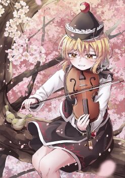 1girl bird black_skirt black_vest blonde_hair blush cherry_blossoms commentary_request hair_between_eyes hat highres holding holding_instrument holding_violin instrument long_sleeves lunasa_prismriver mizuni_takenoko music parted_lips petals pink_petals playing_instrument shirt short_hair sitting_on_branch skirt smile solo touhou vest violin white_shirt yellow_eyes
