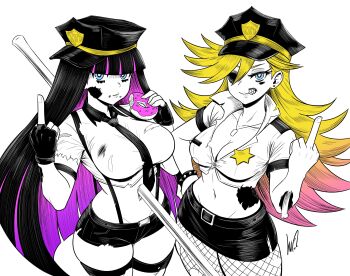 2girls absurdres black_hair blonde_hair blue_eyes blunt_bangs bow breasts cleavage closed_mouth colored_inner_hair damaged_skin decay decaying_skin earrings fishnets gloves hat highres holding hoop_earrings jewelry large_breasts long_hair looking_at_viewer lughost multicolored_hair multiple_girls necktie panty_&amp;_stocking_with_garterbelt panty_(psg) pantyhose pink_hair police police_hat police_uniform policewoman purple_hair scar shirt siblings simple_background sisters skirt smile stocking_(psg) striped_clothes striped_leggings striped_thighhighs thighhighs torn_clothes torn_shirt torn_skirt torn_sleeves two-tone_hair undead very_long_hair white_background zombie