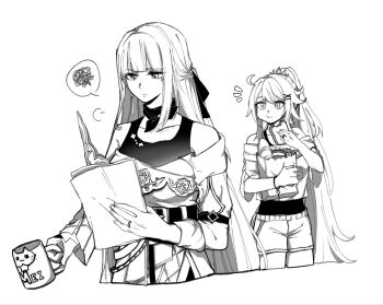 2girls ahoge bag belt cowboy_shot cup earrings eating greyscale hair_ornament hairclip hashtag-only_commentary honkai_(series) honkai_impact_3rd jewelry kiana_kaslana kiana_kaslana_(herrscher_of_finality) long_hair mafuena_getkon monochrome mug multiple_girls neck_ribbon off_shoulder paper raiden_mei raiden_mei_(apho) ribbon ring shorts single_earring tank_top tiara very_long_hair white_background