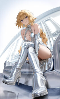Rule 34 | 1girl, absurdres, armpit crease, bare shoulders, blonde hair, boots, braid, breasts, cleavage cutout, closed mouth, clothing cutout, commentary, couch, crossed legs, dress, earrings, elbow gloves, fate/apocrypha, fate/grand order, fate (series), fuann, gloves, high heel boots, high heels, highres, indoors, jeanne d'arc (fate), jewelry, long hair, looking at viewer, on couch, purple eyes, silver boots, silver dress, silver gloves, sitting, small breasts, solo, thigh boots, very long hair