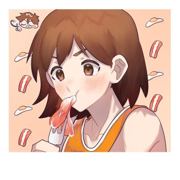 2boys alternate_eye_color bacon brothers brown_eyes brown_hair chibi closed_mouth collarbone double-parted_bangs eating food fork fried_egg frying_pan hair_between_eyes hero_(faraway)_(omori) hero_(omori) highres holding holding_fork holding_frying_pan kel_(faraway)_(omori) kel_(omori) male_focus multiple_boys nata_kadu omori short_hair siblings upper_body