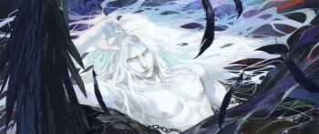 Rule 34 | 1boy, artist name, black feathers, black wings, chair, closed mouth, commentary, commission, english commentary, feathered wings, feathers, final fantasy, final fantasy vii, green eyes, long hair, male focus, messy hair, nipples, parted bangs, pectorals, revision, sephiroth, single wing, solo, spykeee, upper body, white hair, wings