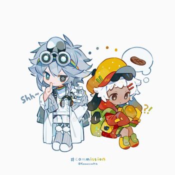 !? 1boy 1girl blue_eyes blue_hair bright_pupils brown_eyes burger chibi chibi_only closed_mouth commission dark-skinned_female dark_skin eyewear_on_head food full_body goggles goggles_on_head green_jacket grey_eyes hair_ornament hairclip hat heterochromia highres holding holding_food index_finger_raised jacket kanae_(cookie) long_sleeves looking_at_viewer original parallel_hairclips red_shorts shoes short_hair shorts simple_background sitting sleeves_past_fingers sleeves_past_wrists smile spoken_food standing steak sunglasses twitter_username white_background white_hair white_pupils white_shoes white_shorts yellow_hat yellow_shoes