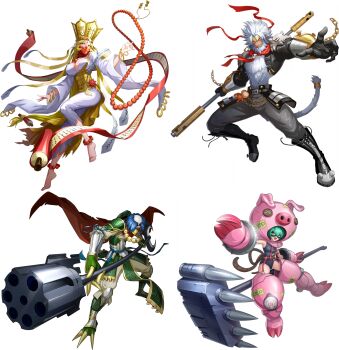 2boys 2girls armor bandai barefoot blonde_hair breasts cape cho-hakkaimon crown digimon digimon_new_century dress fighting_stance gokuwmon green_hair hammer highres holding holding_weapon journey_to_the_west kappa large_breasts long_hair looking_at_viewer mask monk monkey monkey_boy multiple_boys multiple_girls official_art one-piece_swimsuit pig_mask polearm sanzomon scroll shawujinmon shiny_skin smile spikes swimsuit toes weapon wide_hips yellow_eyes