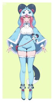 1girl :3 blue_capelet blue_hood blue_theme blush breasts capelet chattino_(raora_panthera) closed_mouth commentary english_commentary full_body green_background highres hololive hololive_english large_breasts long_hair long_sleeves looking_at_viewer o-rindou5100 pink_hair raora_panthera smile solo thighs virtual_youtuber yellow_eyes