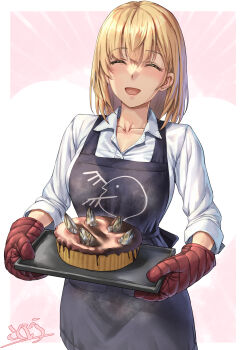 Rule 34 | 1girl, absurdres, apron, baking sheet, black apron, blonde hair, breasts, cake, chocolate cake, closed eyes, collared shirt, commentary request, fish (food), fish head, food, hair between eyes, highres, kantai collection, kokuzou, large breasts, medium hair, open mouth, oven mitts, pie, red oven mitts, rodney (kancolle), shirt, sleeves rolled up, smile, solo, stargazy pie, white shirt