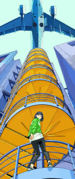 Rule 34 | 1girl, absurdres, aircraft, airplane, aqua sky, black hair, black pants, bright pupils, building, from behind, green jacket, green shoes, green sky, highres, jacket, medium hair, original, outdoors, pants, shadow, shirt, shoes, sky, solo, stairs, tanaka hirotaka, white pupils, white shirt
