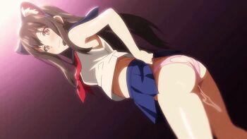 1girl animal_ears animated animated_gif ass ass_cutout ass_shake backless_panties breasts brown_eyes brown_hair butt_crack clothing_cutout come_hither dimples_of_venus ima_ria legs lifting_own_clothes medium_breasts microphone midriff miniskirt open_mouth panties pussy_juice school_uniform sidelocks skirt smile solo teasing teeth thighs tongue underwear